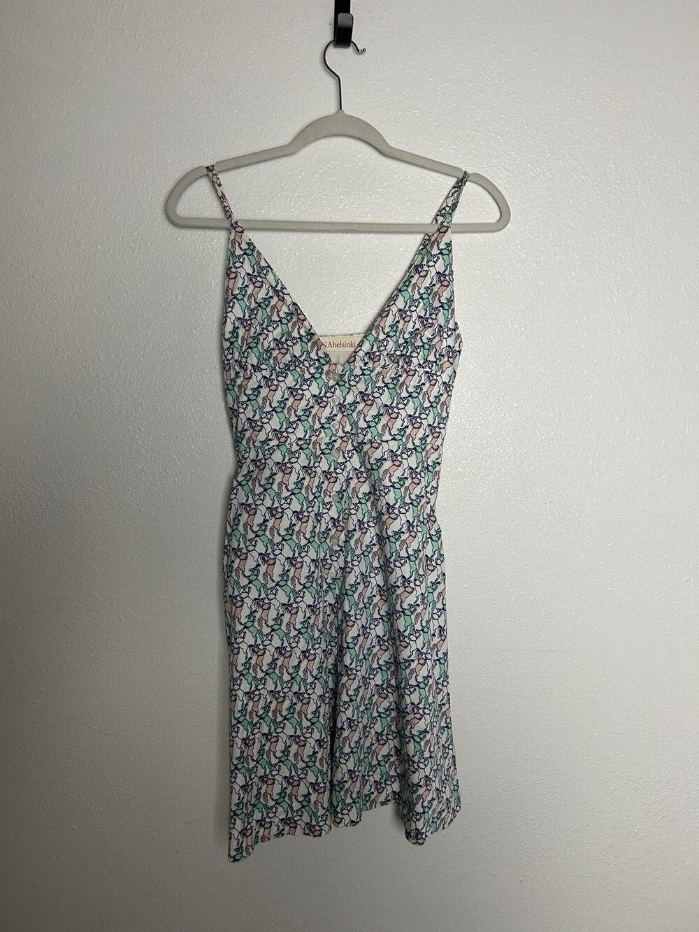 Ivana Helsinki Pastel Horse Print Y2K V Neck Mini Dress Size EU 36/ US 4